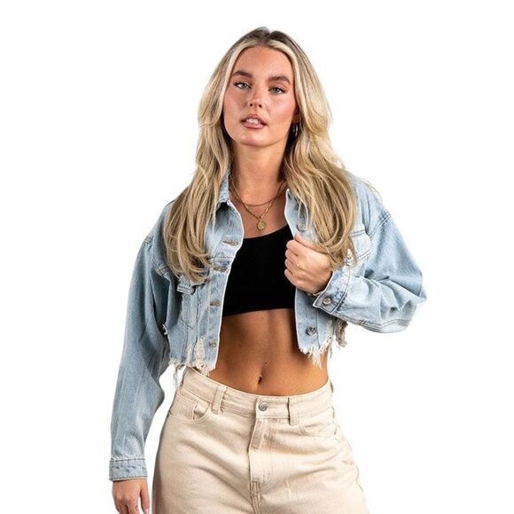 Trio Cropped Distressed Hollywood Denim Jacket Size S - Picture 6 of 7